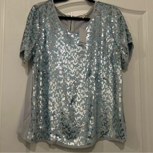 NWT Pleione Sequin Sparkle Short Sleeve Blouse Top Party Blue Silver Sz XL
